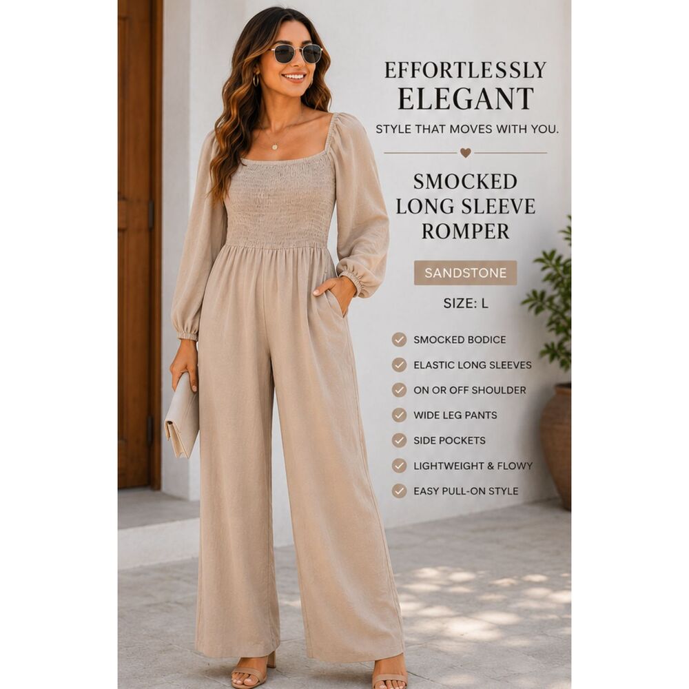 Women’s Large Sandstone Smocked On Off The Shoulder LS Wide Leg Jumpsuit Boho #V